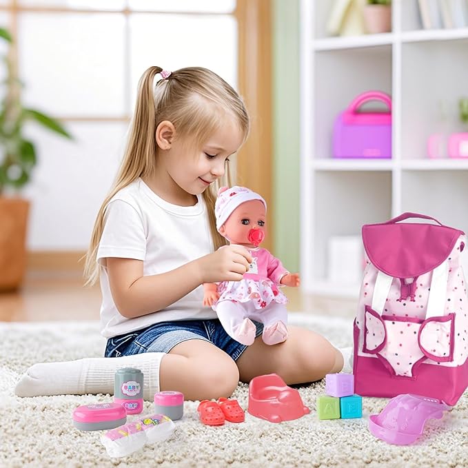 AuntyFey Baby Doll with Accessories Set, Baby Dolls Set for Toddler Girls 3-5 6-12, Baby Doll Playset, Baby Dolls for 5 Year Old Girls, Baby Doll Toys Pretend Play Toy(Backpack)