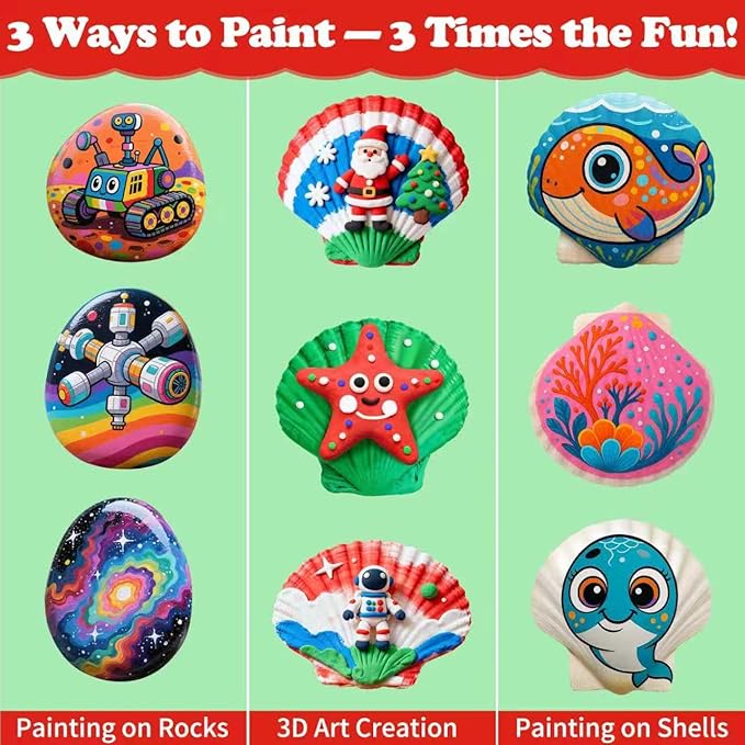 Awsoo Shell & Rock Painting Kit- Girl Style Glow in The Dark Arts and Crafts for Kids Ages 8 9 10 11 12, Art Supplies Craft Paint Kits, Birthday Party Gift Toy for Girl
