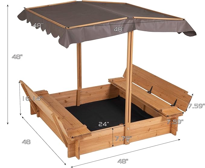 BIRASIL Wood Sandbox with Cover, Sand Box with 2 Bench Seats for Aged 3-8 Years Old, Sand Box for Backyard Garden, Beach Patio Outdoor (Natural Wood, 48 Inch)