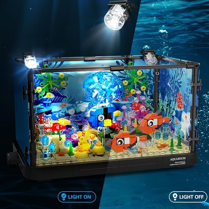 HOGOKIDS Fish Tank Building Set with LED Light - Movable Aquarium Building Toys for Adults Kids | 725PCS Creative Aquarium Toy with Jellyfish, Fish Animal Educational Gift for Boys Girls Age 8-14