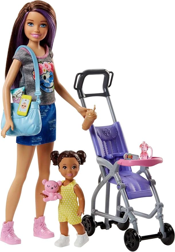 Barbie Skipper Babysitters Inc 2 Dolls & Accessories Set with Brunette Skipper Doll, Small Doll & Bouncy Stroller (Amazon Exclusive)