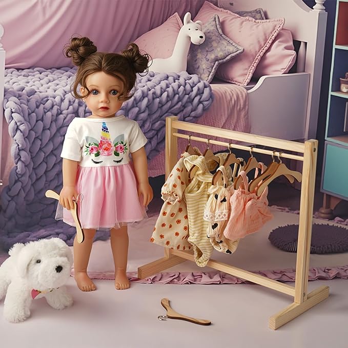BABESIDE 10 Pcs Doll Garment Rack with Wooden Baby Doll Hangers, Doll Accessories for 18 Inch Doll Girl, 18 InchDoll Girl Clothes Storage Furniture