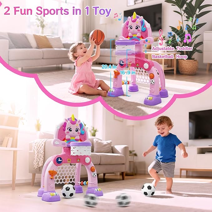 Unicorn Toddler Basketball Hoop & Soccer Goal with Light & Music, 2-in-1 Sports Toy for 1-3 Year Old Boys & Girls, Toys for 1+ Year Old Girls, Birthday for Baby Kids
