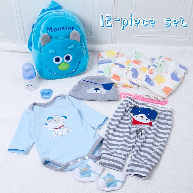 PEDOLLTREE 12 Pcs Set Reborn Baby Doll Clothes Accessories Blue Puppy Outfit Set for 18-22 Inch Newborn Baby Boy Reborn Doll Clothes with Monster Backpack