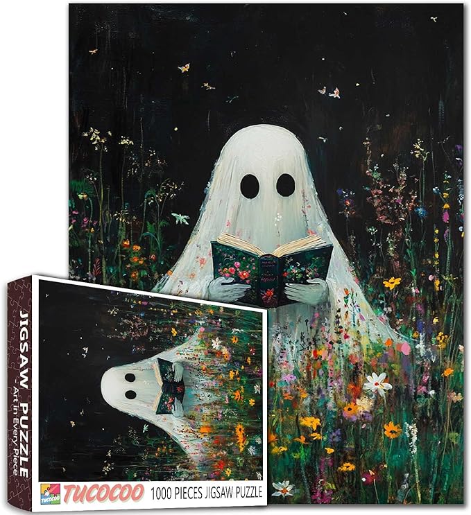1000 Pieces Graffiti Halloween Jigsaw Puzzles for Adults,The Little Devil Reading a Book with Blooming Flowers Puzzles Best for Family Game Play Collection,Wall Decor 19.7 x 27.6 Inch
