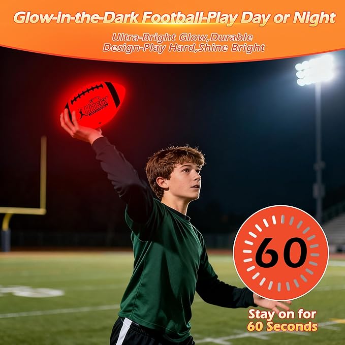 Glow in The Dark Football Light Up Football | USB-C Rechargeable LED Ball with Pump | Night Game Ball for Indoor & Outdoor Play | Gift Ready for Boys & Kids (with a Bag)
