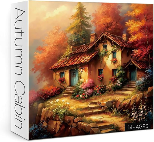 Vintage Cabin Landscape Puzzles for Adults 1000 Pieces, Beautiful House Autumn Jigsaw Puzzle, Impossible Sunset Art Puzzles