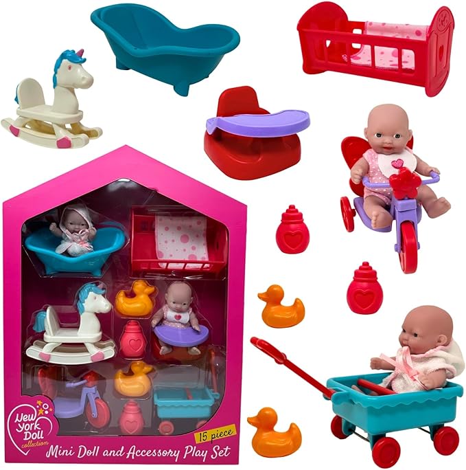 Mini Baby Doll Set, Small Baby Doll Playset with Mini Doll Accessories & 5 inch Doll Furniture, Mini Dolls for Girls, Small Dolls for Girls, Mini Baby Dolls Toy Play Pack, 15pc Tiny Baby Doll Sets