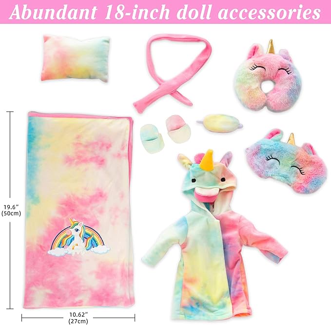 XFEYUE American 18 inch Doll Clothes and Sleeping Bag Set - Rainbow Unicorn Doll Costume with Unicorn Style Sleeping Bag, Pillow, Eye Mask Slumber Party Accessories Fits 18 Inch (NO Dolls)