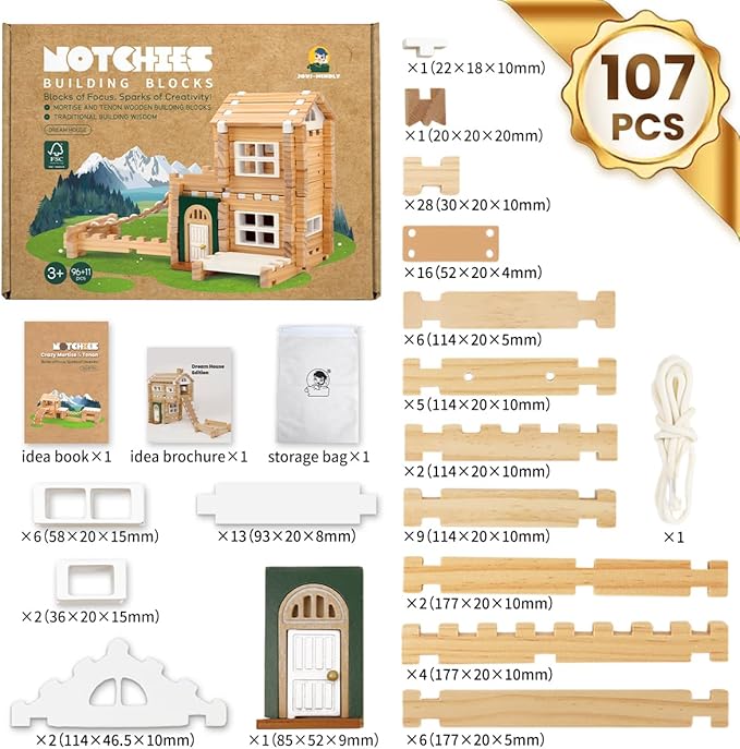 Jovi-mindly＆Notchies Building Blocks Set Wooden Blocks Toys (107 pcs) with Storage Bag, Educational Classic Wooden Blocks for Toddlers Ages 3+ Boys and Girls Aged Easter Gift (with Printed Manual)