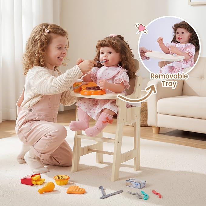 BABESIDE Wooden Baby Doll High Chair Set for 15-20 Inch Dolls Furniture, Babydoll High Chair with Adjustable Tray, Safe Straps and Baby Doll Accessories for Kids Pretend Play Toys