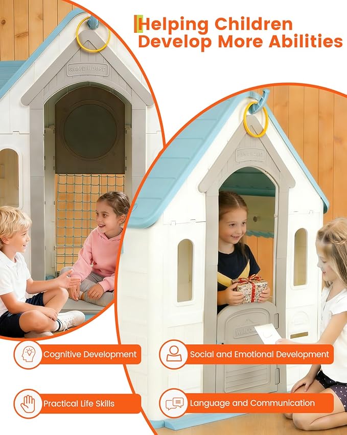Outdoor Playhouse for Kids - Basketball Hoop, Soccer Goal, Magnetic Dartboard, Ring Toss - Indoor/Outdoor Toddler Cottage Playset, Gift for Ages 3-8