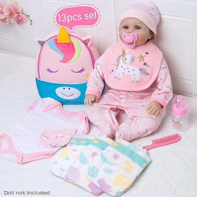 13 Pcs Reborn Baby Dolls Girl Clothes Accessories Pink Unicorn Theme Outfit Set for 17-22 Inch Reborn Dolls Newborn Girl with Unicorn Backpack Diaper