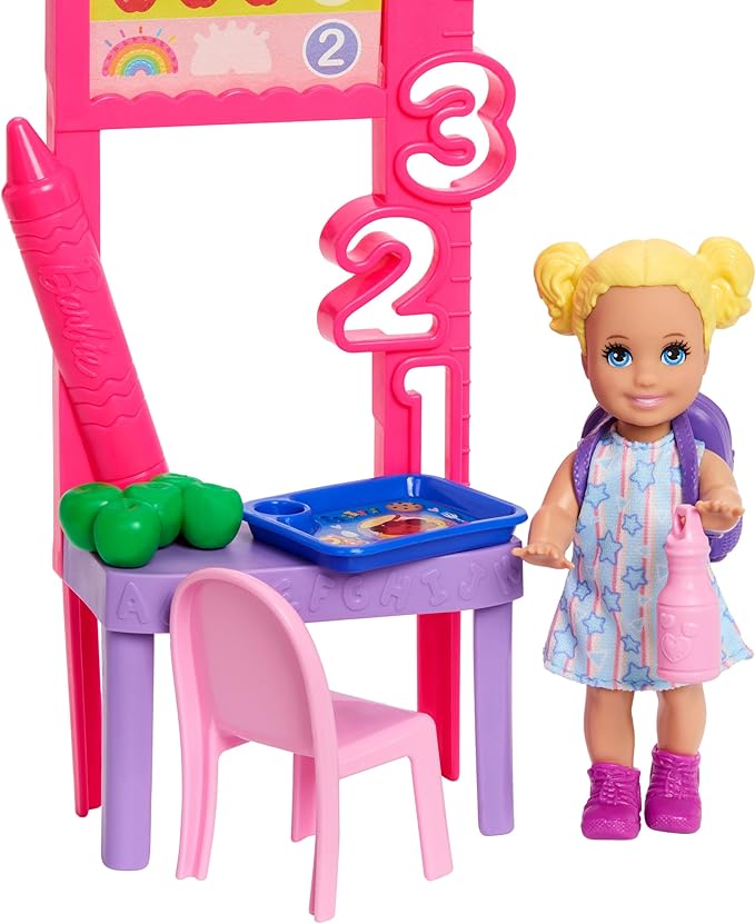 Barbie Careers Teacher Playset with Fashion Doll Wearing Removable Dress, Toddler Small Doll, Classroom Board & Accessories