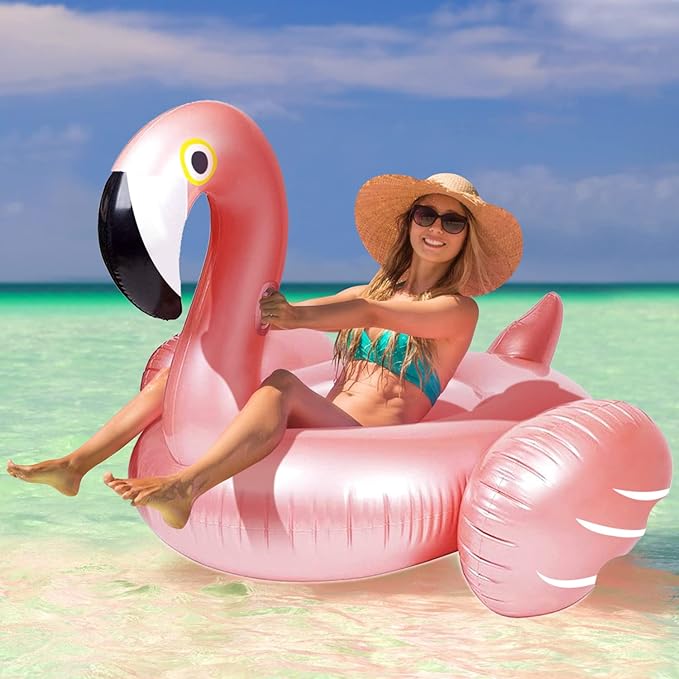 Giant Inflatable Flamingo Ride On Pool Float, Blow Up Pool Floatie with Fast Valves Swimming Floating Raft, Lounge, Summer Party Decorations Toys for Adults, Large