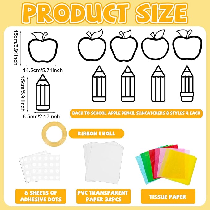 32 Sets Back to School Apple Pencil Suncatchers Craft Kit DIY Window Stained Glass Effect First Day of School Paper Craft Home Classroom Decoration Kid Birthday Gift Creative Art Project Activity Game