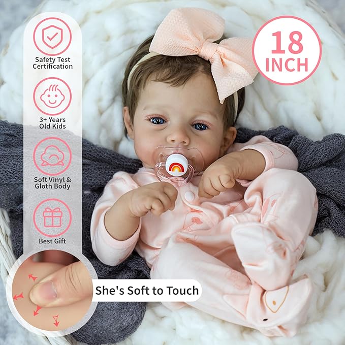 SCOM Realistic Reborn Baby Dolls - 18 Inch Lifelike Newborn Baby Dolls Adorable Girl, Real Life Baby Doll with Accessories, Soft Baby Doll Reborn Gift for 3+ Yrs Kids, Birthday Gift