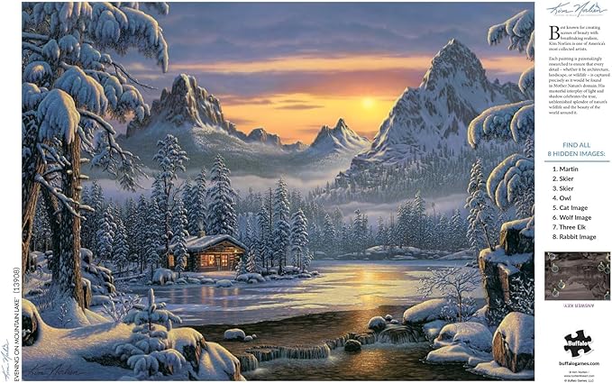Buffalo Games – Kim Norlien - Evening On Mountain Lake - 1000 Piece Christmas Jigsaw Puzzle - Festive, Holiday Puzzles for Adults – Precision-Cut Pieces, Winter Artwork, Relaxing Fun