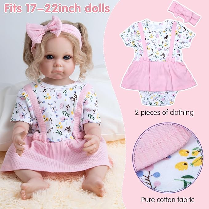 10 Pcs Reborn Baby Doll Clothes Pink Outfit Accessories for 17-22 Inch Reborn Dolls Newborn Girl Baby Clothes Set Flower Dress with Diaper Bag