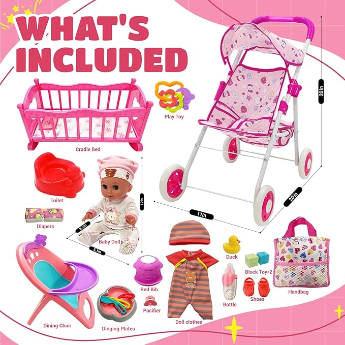 Baby Doll Toys Set with Stroller, Crib, Dining Chair, Realistic Doll Accessories for Kids Pretend Play, Dolls Care Toys Playset for Girls Toddler Ages 3 4 5 6