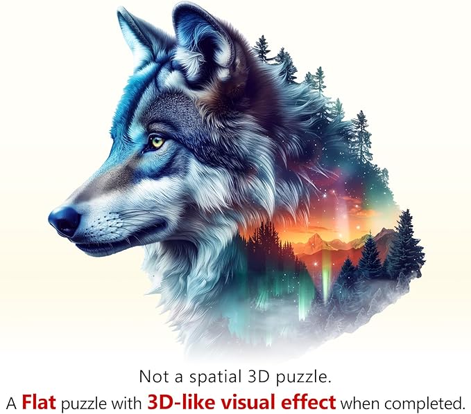 Wooden Puzzle for Adults-Aurora Wolf Wooden Puzzle Unique Shape Advanced Animal Jigsaw Puzzle for Adults, Best Gift, Wood Puzzles, Challenge Wooden Jigsaw Puzzle (M-11.4 * 11.0in-140pcs)