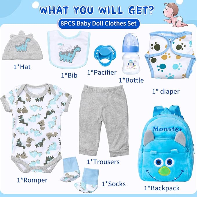 PEDOLLTREE 9 Pcs Set Reborn Baby Doll Clothes Outfit Accessories Blue Dinosaur Set for 17-22 Inch Reborn Doll Newborn Boy with Backpack Diaper