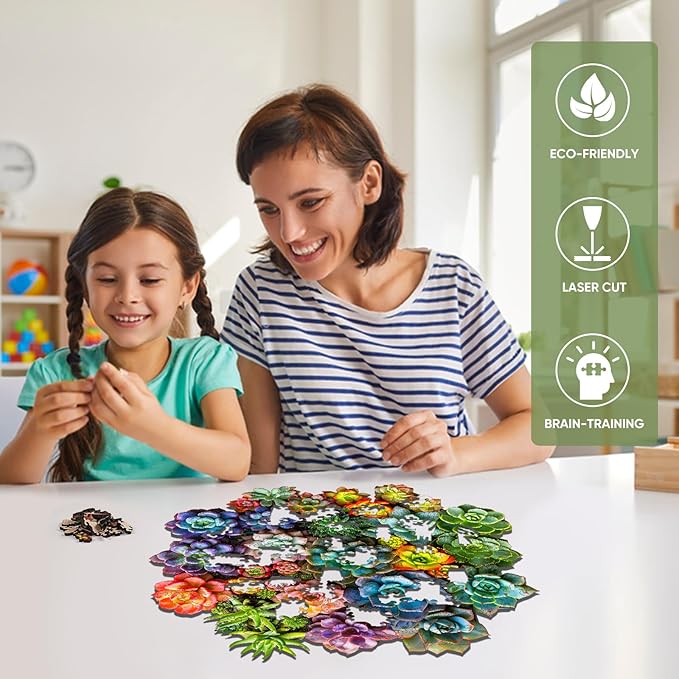 Delobil Succulent Plants Wooden Puzzles for Adults, 500 Pieces Jigsaw Puzzles, Unique Shaped Wood Puzzle Gift for Adults and Kids, Family Game 16.9'' x 16.5''