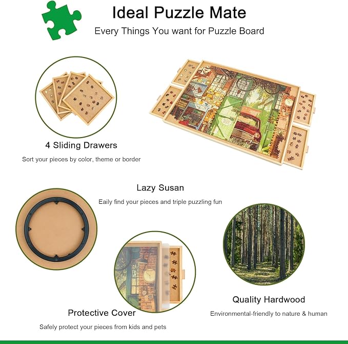 ALL4JIG 1500 Pieces Rotating Puzzle Board with 4 Drawers and Cover,25"x34" Portable Wooden Jigsaw Puzzle Table for Adults,Lazy Susan Spinning Puzzle Boards Birthday Gift for mom