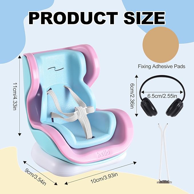Doll Car Seat, Car Seat for 10-17cm Dolls, Including Air Vent Clip, Desktop Stand, Adjustable Strap, Airflow-Friendly Design, Ideal Car Decor Gifts(Pink Blue)