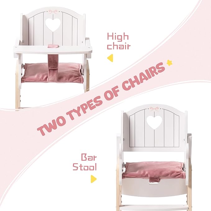 ROBOTIME Wooden Baby Doll High Chair, Pink Wooden Baby Doll Chair for 18 Inch Dolls, Pretend Play High Chair Baby Doll Accessories, Small