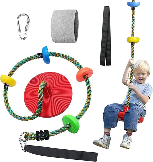 Tree Swing for Kids Backyard Single Disc Rope Climbing Seat for Tree Indoor Outdoor Playground Swing Set Accessories with Thickening 4 Ft Strap-Red