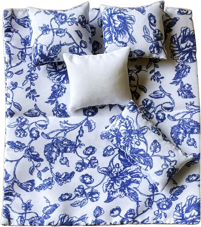 1:12 Scale Dollhouse Bedding Set for 6-Inch Dolls, 5-Piece Comforter, Pillows & Blanket, Realistic Mini Bedroom Accessories, Blue Floral & White Design