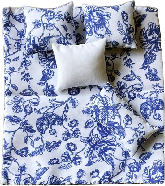 1:12 Scale Dollhouse Bedding Set for 6-Inch Dolls, 5-Piece Comforter, Pillows & Blanket, Realistic Mini Bedroom Accessories, Blue Floral & White Design