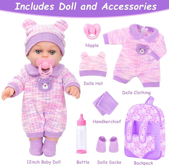 XFEYUE 12'' Baby Doll with Bear Pattern Backpack in Gift Box,Including Clothes Accessories, Backpack, Baby Bottle, Pacifier, Hat, Socks, and Handkerchief for 3+ Child Girls Gifts