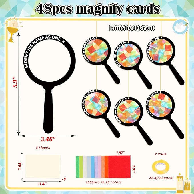 Renbuzhu 48PCS Sunday School VBS Crafts Bulk: Paper Magnifying Glass Nativity Suncatchers, Jesus Religious Christian Activity DIY Kits Church Decorations, Window Stained Glass Effect Art Supplies