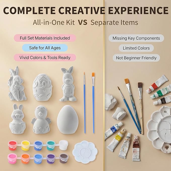 GloomGlo Easter Plaster Painting Kit, 6-Piece Paint Your Own Easter Crafts, DIY Arts & Crafts for Kids & Adults (6pcs)