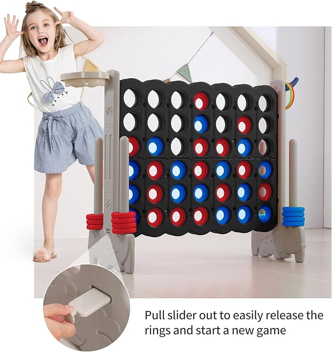 UNICOO Giant 4-in-a-Row Game with Carry Bag, 3-in-1 Jumbo 4-to-Score Outdoor Yard Game with Basketball Hoop, Ring Toss, Quick-Release Slider, 42 Rings, Family Party Game for Kids & Adults