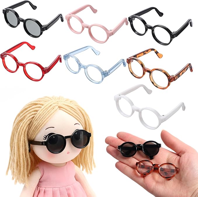 7 PCS Doll Glasses Set Cute Plastic Doll Dress up Sunglasses Eyeglasses Mini Costume Accessories 6.5cm Clear Eye Glasses Supplies for Figures Collectors Display Decoration 7 Colors