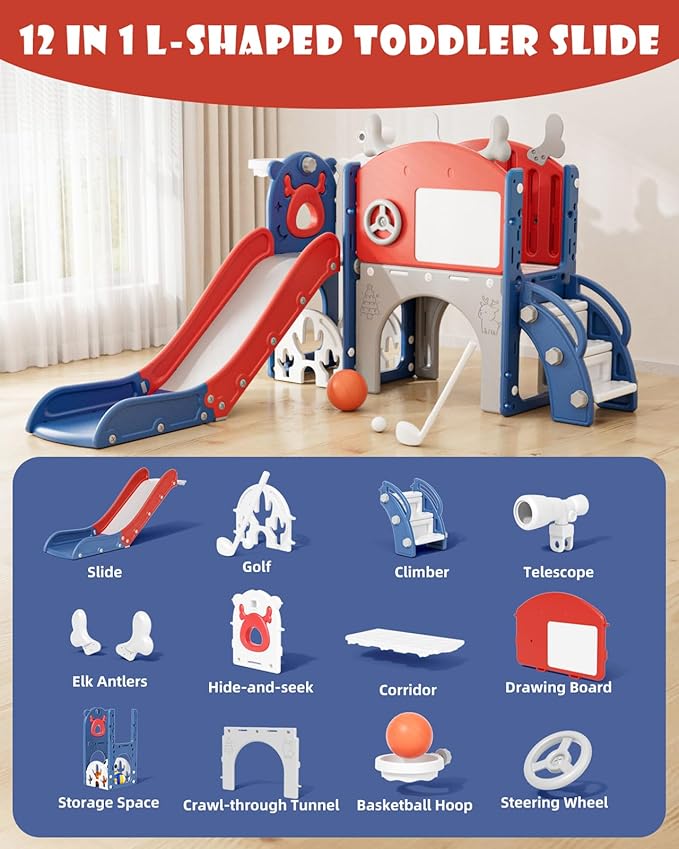 XJD Toddler Slide,12 in 1 Kids Slide for Toddlers 1-3, New Upgrade with Golf Set, Basketball Hoop, Drawing Board for Indoor Outdoor Playset,Toddler Playground (Red Blue)