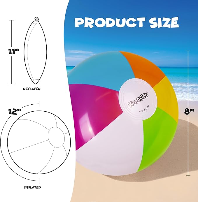 Kangaroo 12 Pack Inflatable Beach Balls for Kids & Adults – 12” Colorful Pool Fun Party Favors, Bulk Beach Toys for Swimming Games, Luau, Birthday, Summer Pool Party Decorations Supplies