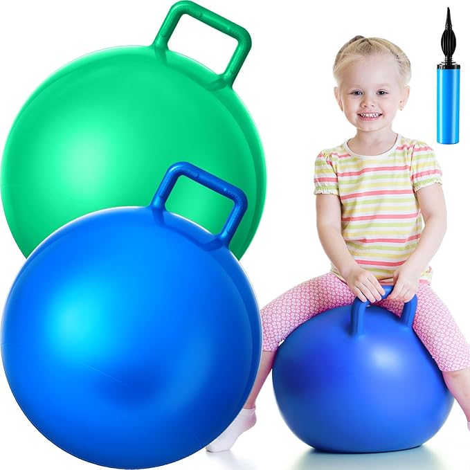 Lewtemi 2 Pcs 18 Inch Big Bouncing Ball with Handle Jumping Hopper Bouncy Ball for Adults Exercise and Air Pump for Outdoor Sports Game(Blue, Green)