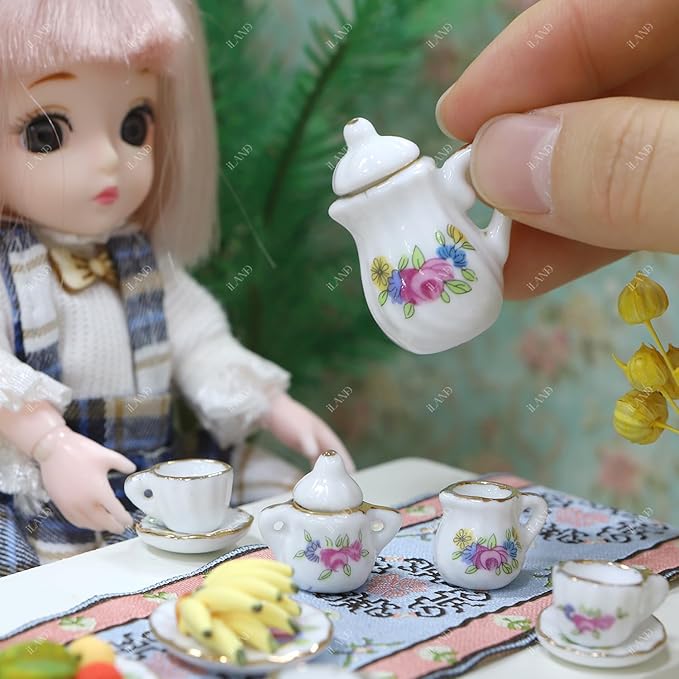 iLAND 1/6 Scale Accessories Mini Tea Set Miniature Porcelain 16pcs Set w/Table Runner Elf Accessories Cute Miniature Dollhouse Décor Fit 12 inch Dolls Action Figure Elegant Gilded Rosette