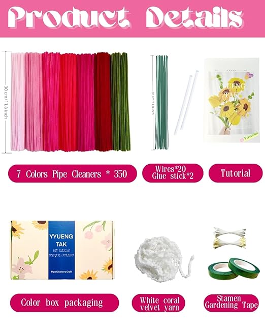 350 Pcs Red & Pink Pipe Cleaners Flower kit with tutoria,Fluffy Yarn,Green Floral Wires,Gardening Tape,Stamen，Pipe Cleaners Craft,Chenille Stems for DIY Art Projects Creative Gift Decor