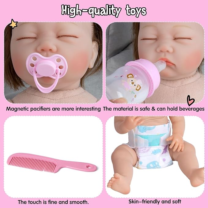 Reborn Baby Doll Diaper Bag Accessories Set 10 Pcs Baby Dolls Feeding and Caring Set Includes Backpack&Diapers&Bottle&Magnetic Pacifier&Comb Newborn Girls Gift