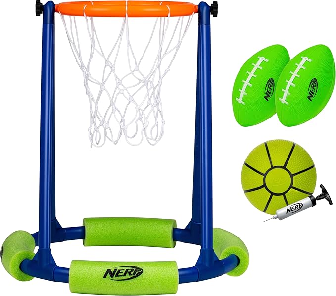 NERF Floating Pool Basketball Hoop + Football Target Net Set - Water Basketball + (2) Water Footballs Included - Floating Hoop + Target Goal for In-Pool + Poolside Play - Sports Toys for Kids
