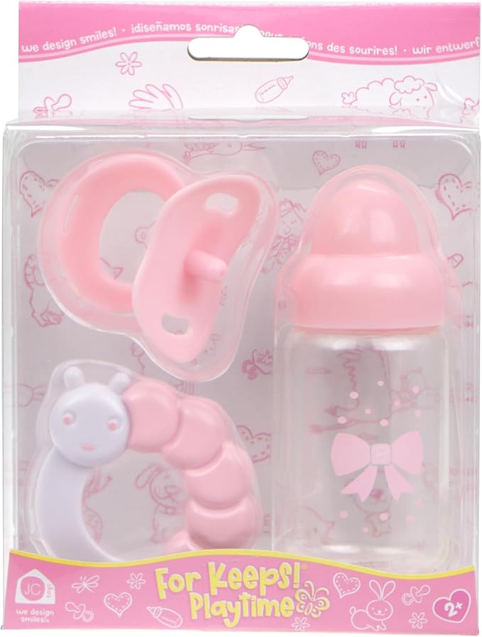 Pink Baby Doll Bottle, Rattle & Pacifier Set | JC Toys - for Keeps Playtime! | Fits Many Dolls up to 15" | Play Accessories | Ages 2+