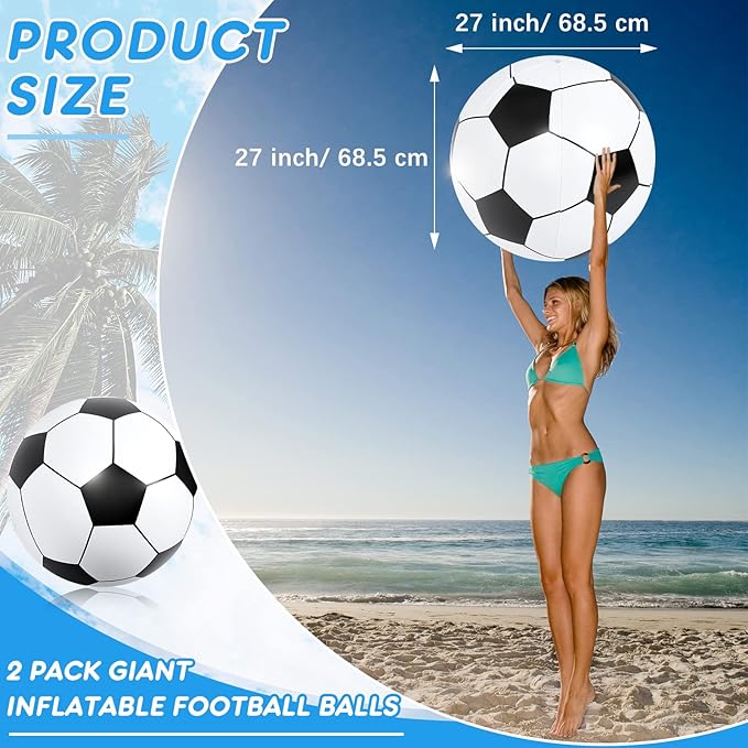 Lewtemi 2 Pcs Inflatable Beach Soccer Ball 27 Giant Inflatable Football Large Sport Balls for Outdoor Activity Pool Decoration Party Favor
