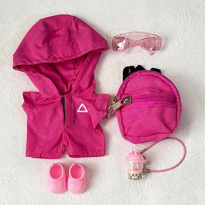 Doll Clothes for LABUBU – Hot Pink Windbreaker 4-Piece Outfit Set | Adorable 17cm Doll Clothes with Hooded Jacket, Glasses, Bag & Shoes | Complete Fashion Accessory Set (Doll Not Included)