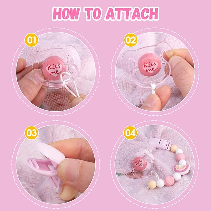 Aori Pacifier Clips for Rebron Baby Dolls Pacifier Holders Silicone Paci Clips with Magnetic Paci -Pink