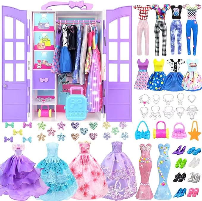 92Pcs Doll Clothes and Accessories with Closet for 11.5 Inch Doll Fashion Design Kit Girl Dress Up Including Fashion Dress Outfits Tops and Pants Shoes Hangers Bags Necklaces Girls Toy Gifts
